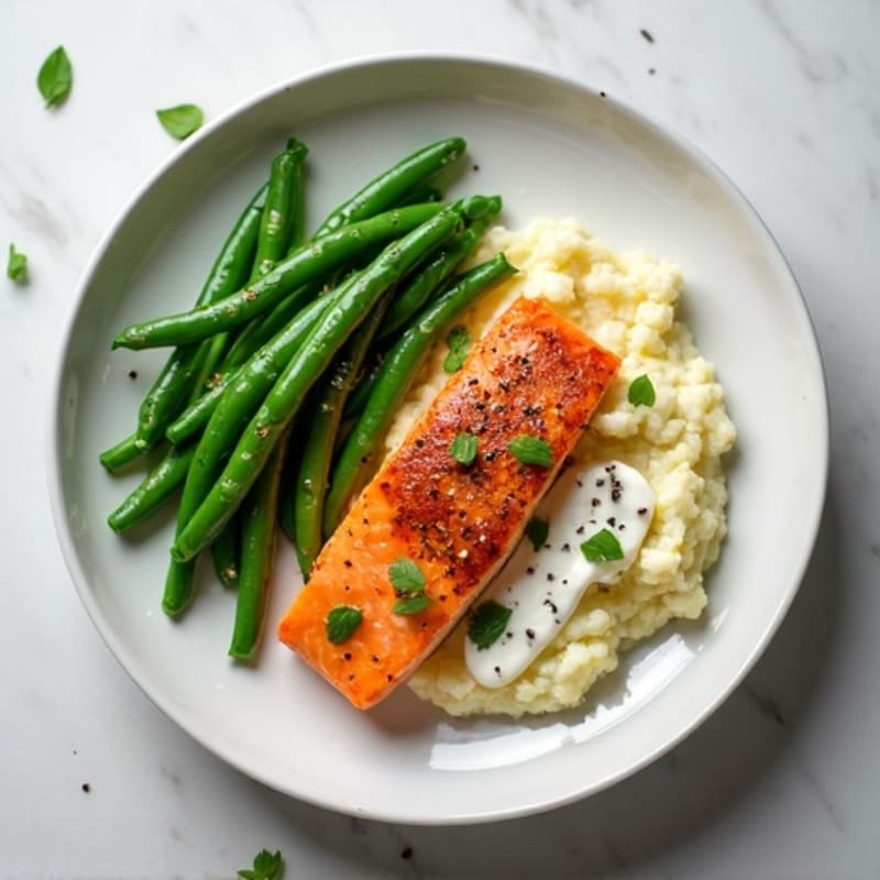 Seared Salmon with Steamed Green Beans and Mashed Cauliflower