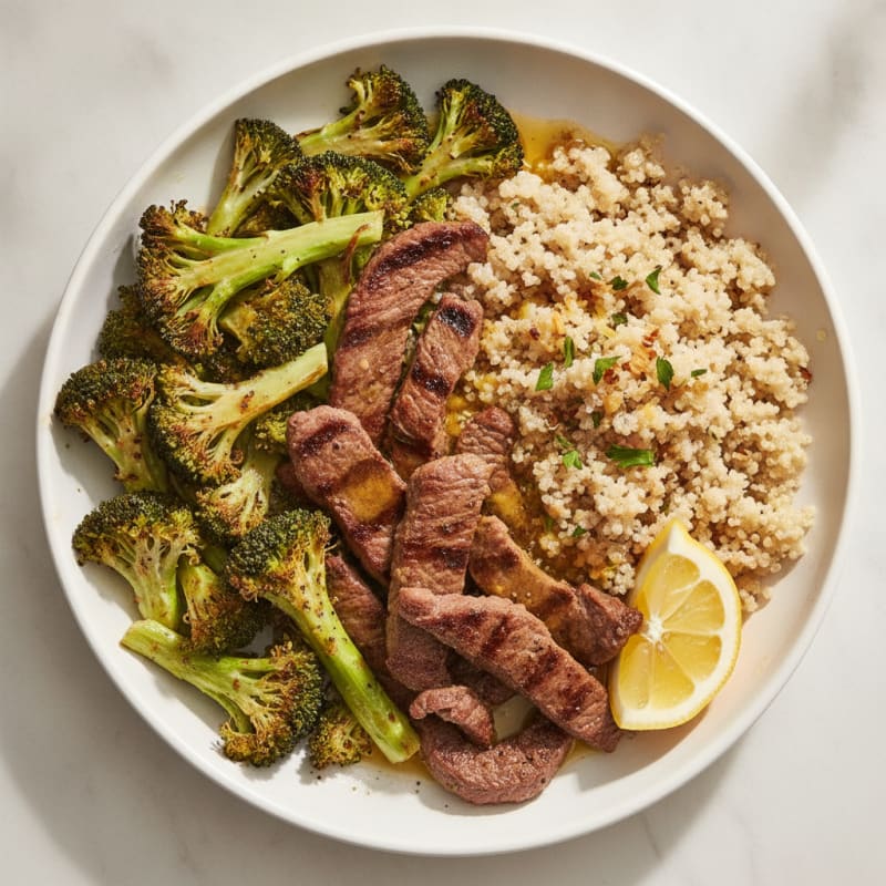 Seared Lean Beef Strips with Roasted Broccoli and Quinoa