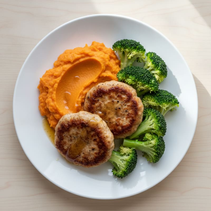 Seared Turkey Patties with Steamed Broccoli and Sweet Potato Mash