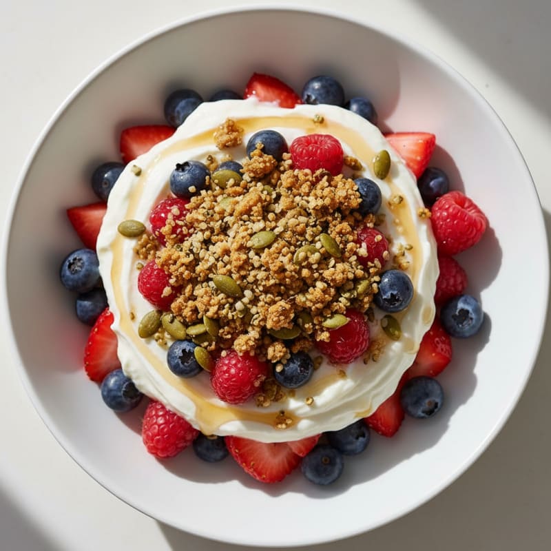 Greek Yogurt Parfait with Mixed Berries and Pumpkin Seed Crunch