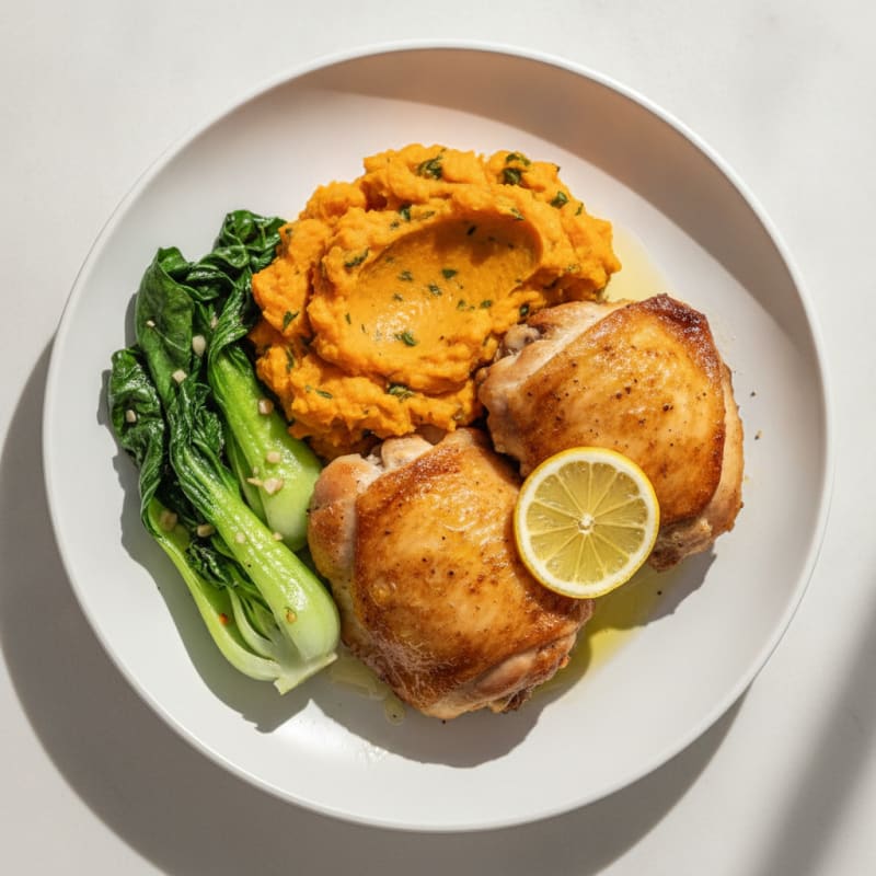 Roasted Chicken Thighs with Herb Sweet Potato Mash and Bok Choy