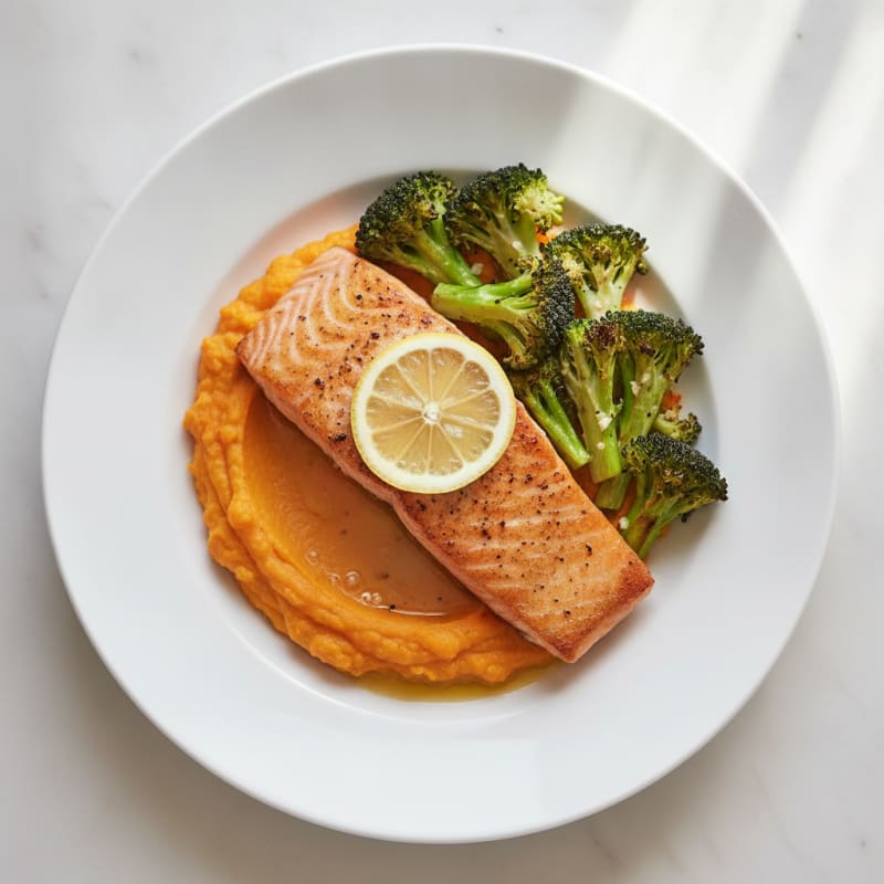 Seared Salmon Fillet with Roasted Broccoli and Sweet Potato Mash