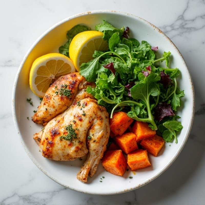 Lemon-Herb Roasted Chicken with Crispy Sweet Potatoes and Fresh Greens Bowl