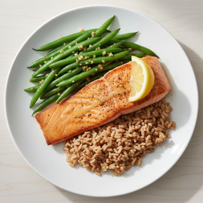 Seared Salmon with Garlic Green Beans and Brown Rice