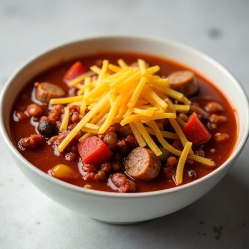 Lean Turkey Sausage with Hearty Beef Chili and Melted Sharp Cheddar