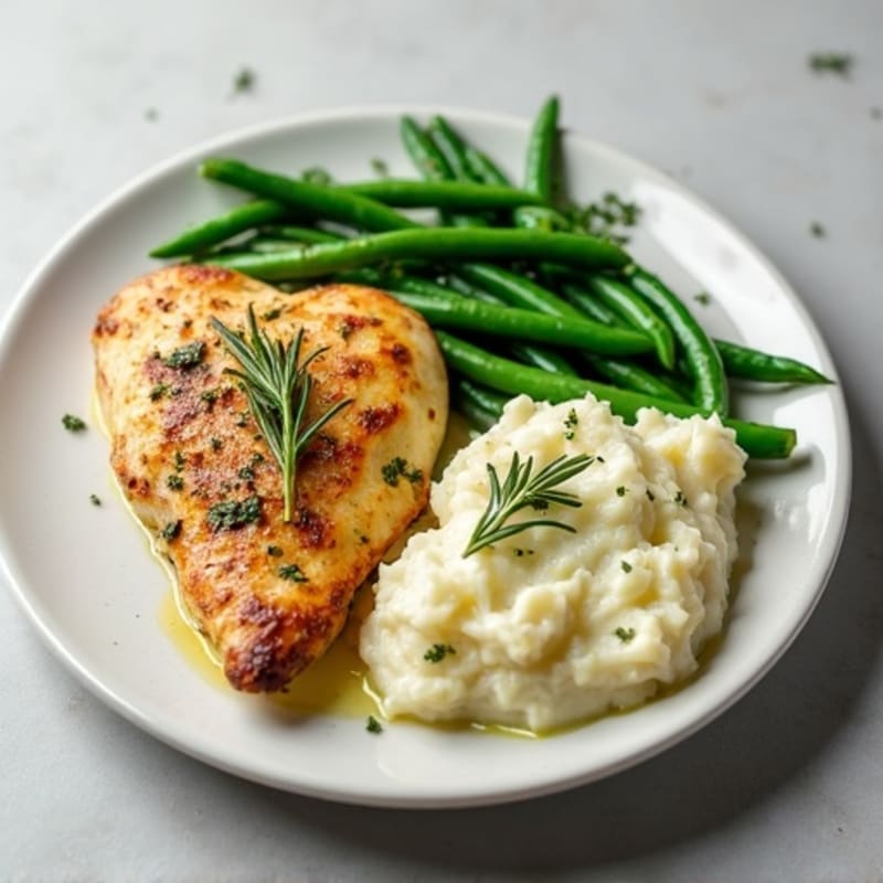 Herb-Roasted Chicken with Creamy Garlic Mashed Potatoes and Crispy Green Beans