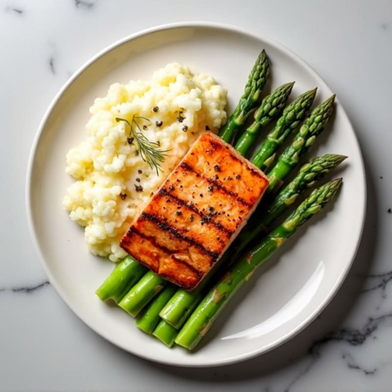 Seared Salmon with Steamed Asparagus and Cauliflower Mash
