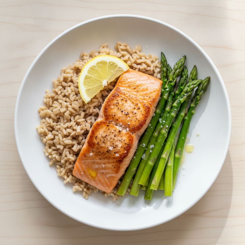 Seared Salmon Fillet with Steamed Asparagus and Brown Rice