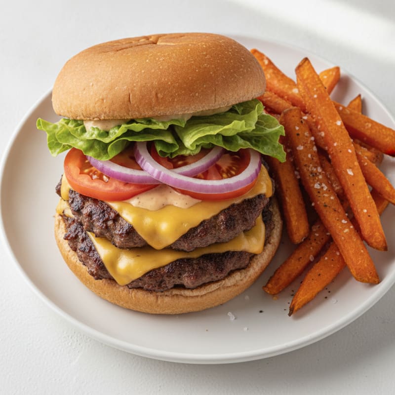 Classic Smash Burger with Sweet Potato Fries