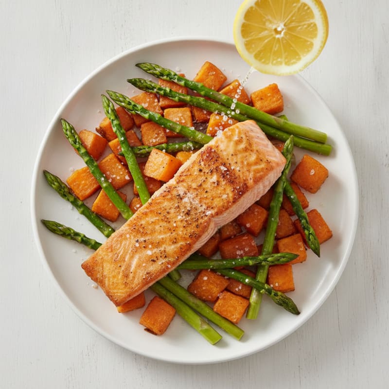 Seared Salmon with Roasted Sweet Potatoes and Asparagus