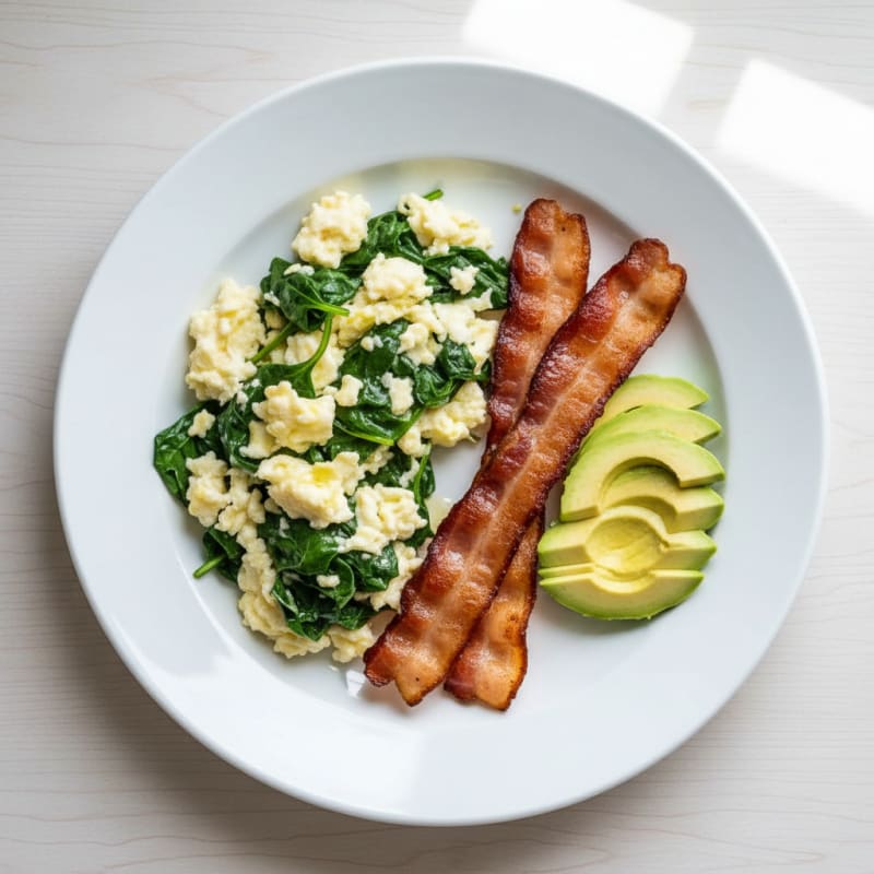 Egg White Scramble with Spinach and Grilled Turkey Bacon