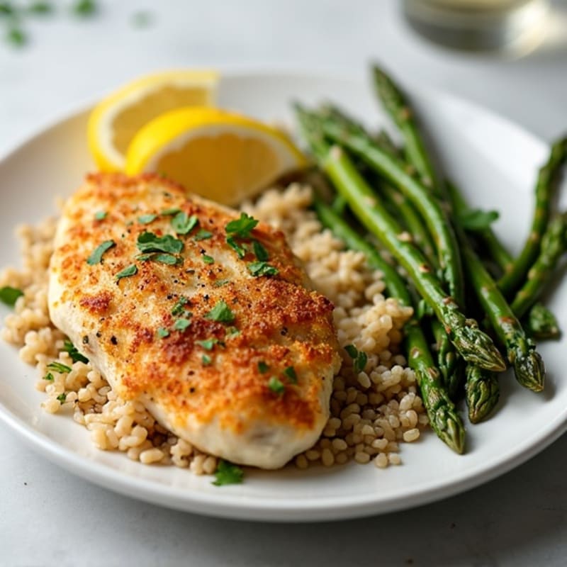 Crispy Lemon Herb Chicken with Fluffy Brown Rice and Roasted Asparagus