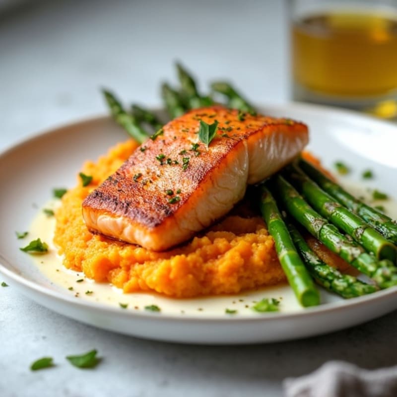 Seared Salmon Fillet with Roasted Asparagus and Sweet Potato Mash