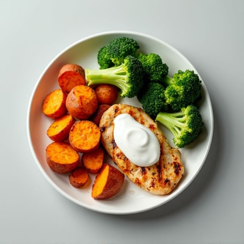 Grilled Chicken Breast with Roasted Sweet Potatoes and Steamed Broccoli