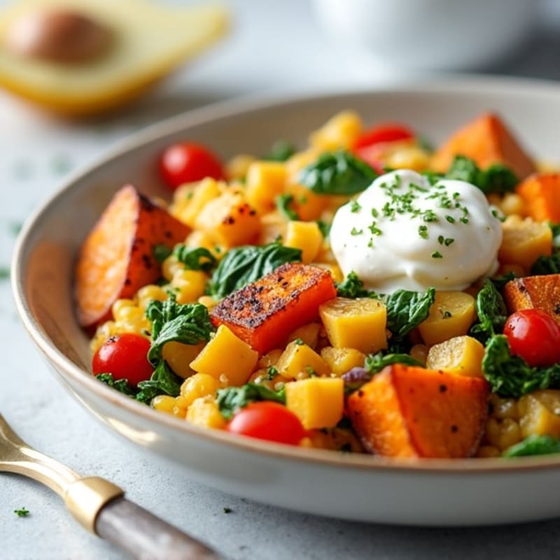 Healthy Protein-Packed Veggie Scramble with Crispy Sweet Potatoes