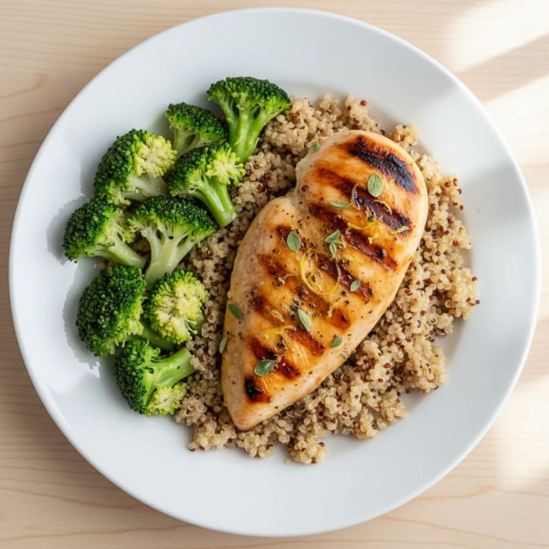 Grilled Lemon Herb Chicken Breast with Quinoa and Steamed Broccoli