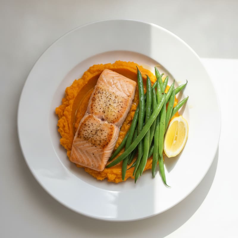 Seared Salmon with Steamed Green Beans and Sweet Potato Mash
