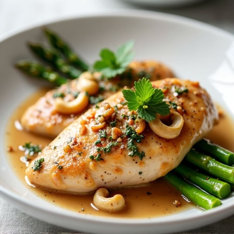 Creamy Cashew Chicken with Maple-Balsamic Glaze and Roasted Asparagus