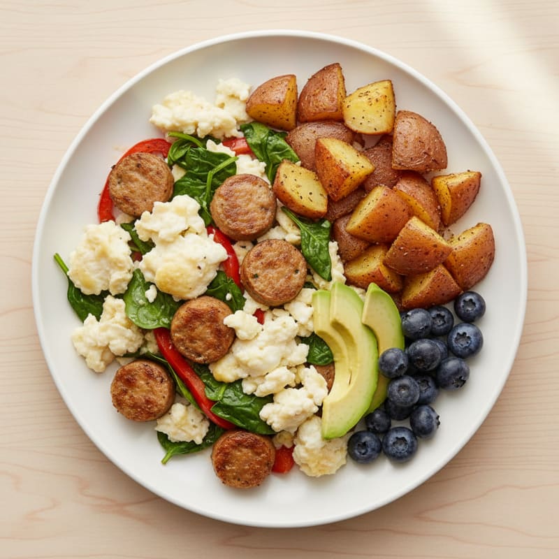 Egg White and Chicken Sausage Scramble with Roasted Potatoes