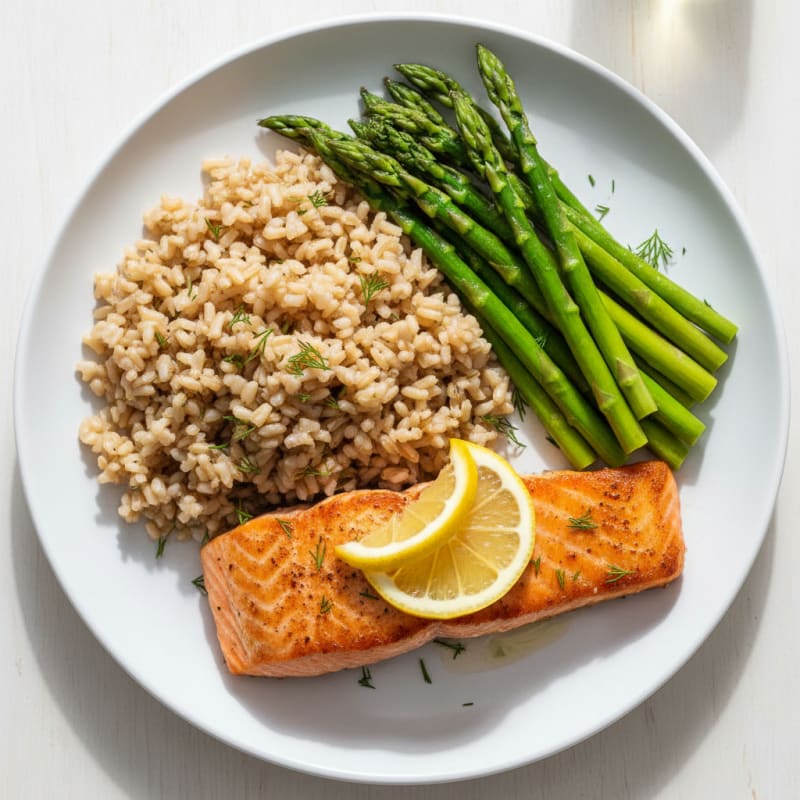 Seared Salmon Fillet with Steamed Asparagus and Brown Rice