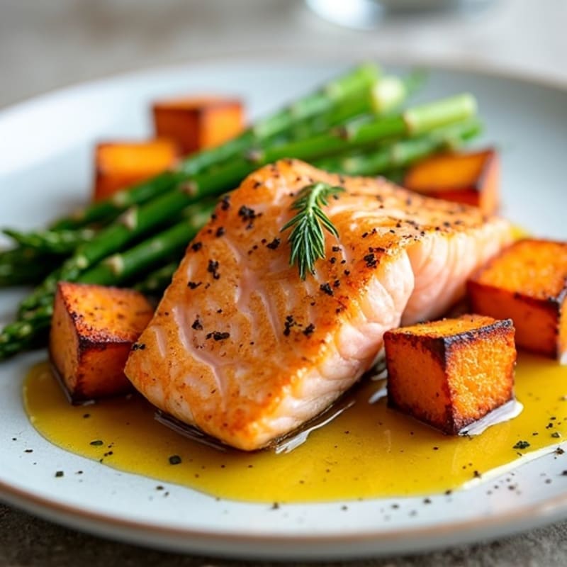 Seared Salmon with Roasted Sweet Potato and Asparagus