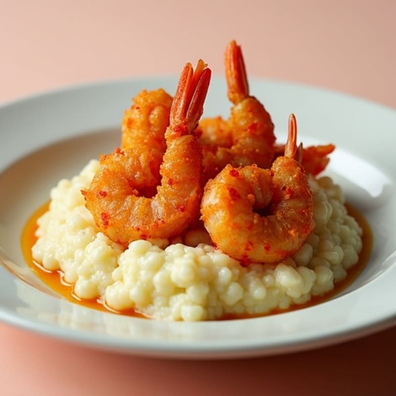 Crispy Harissa Shrimp with Creamy Garlic Cauliflower Mash