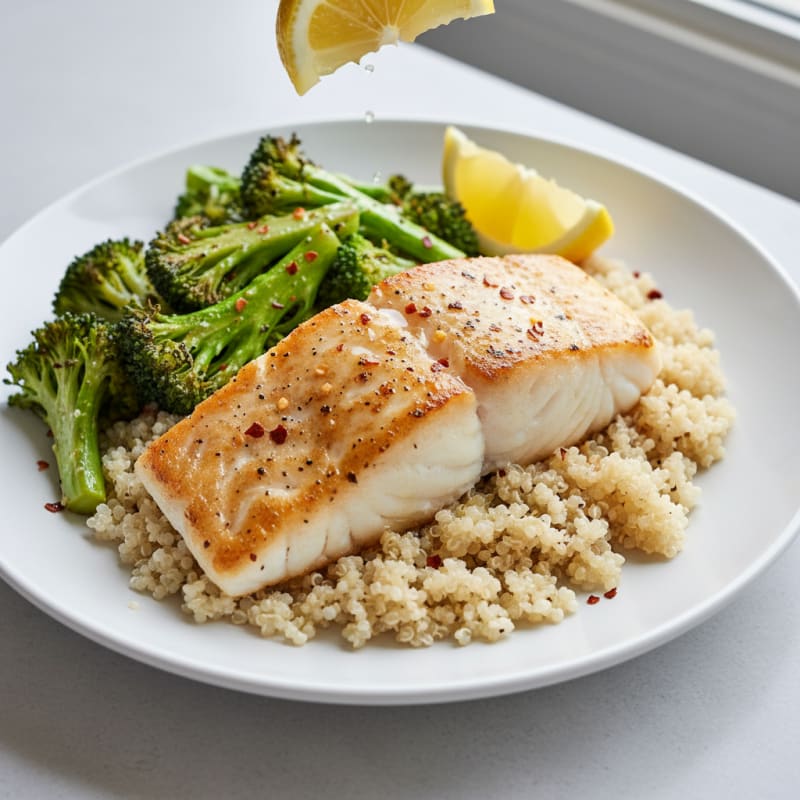 Seared White Fish with Roasted Broccoli and Quinoa