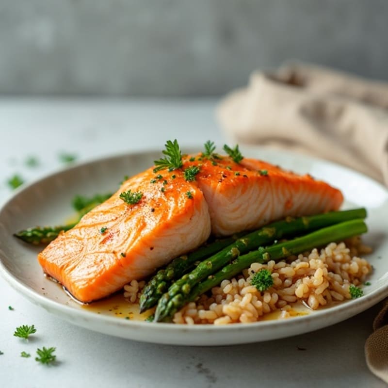 Seared Salmon with Steamed Asparagus and Brown Rice