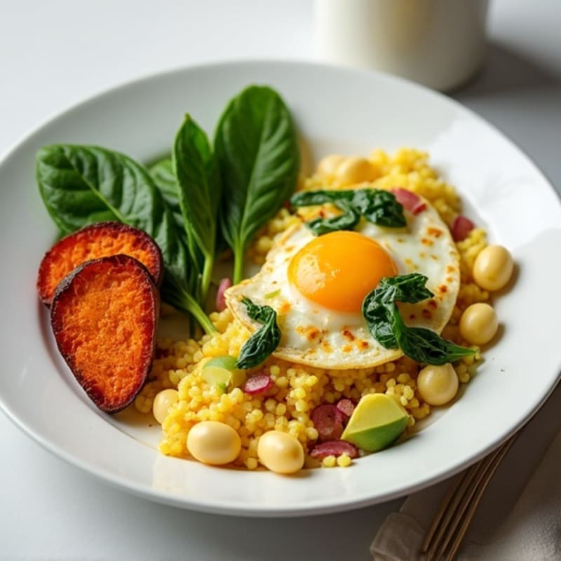 Egg White and Turkey Sausage Scramble with Spinach and Roasted Sweet Potato