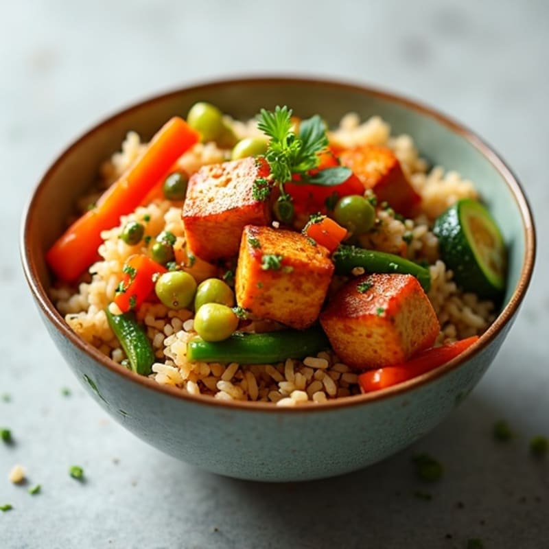 Spicy Tofu Stir Fry with Brown Rice and Crispy Vegetables