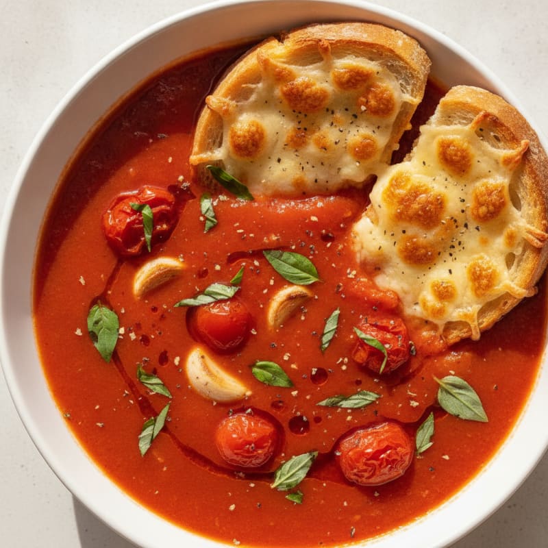 Roasted Tomato Basil Soup with Parmesan Crostini