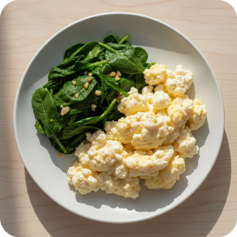 Fluffy Scrambled Eggs with Cottage Cheese and Sautéed Spinach