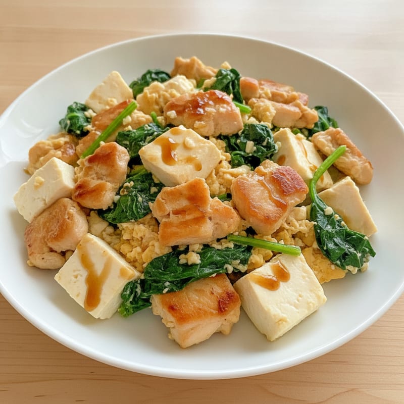 Silky Tofu and Chicken Egg Scramble with Steamed Spinach