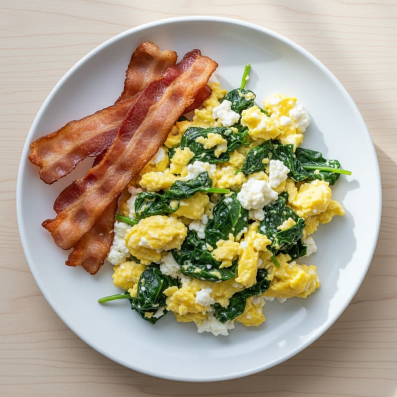 Cottage Cheese Egg Scramble with Spinach and Turkey Bacon