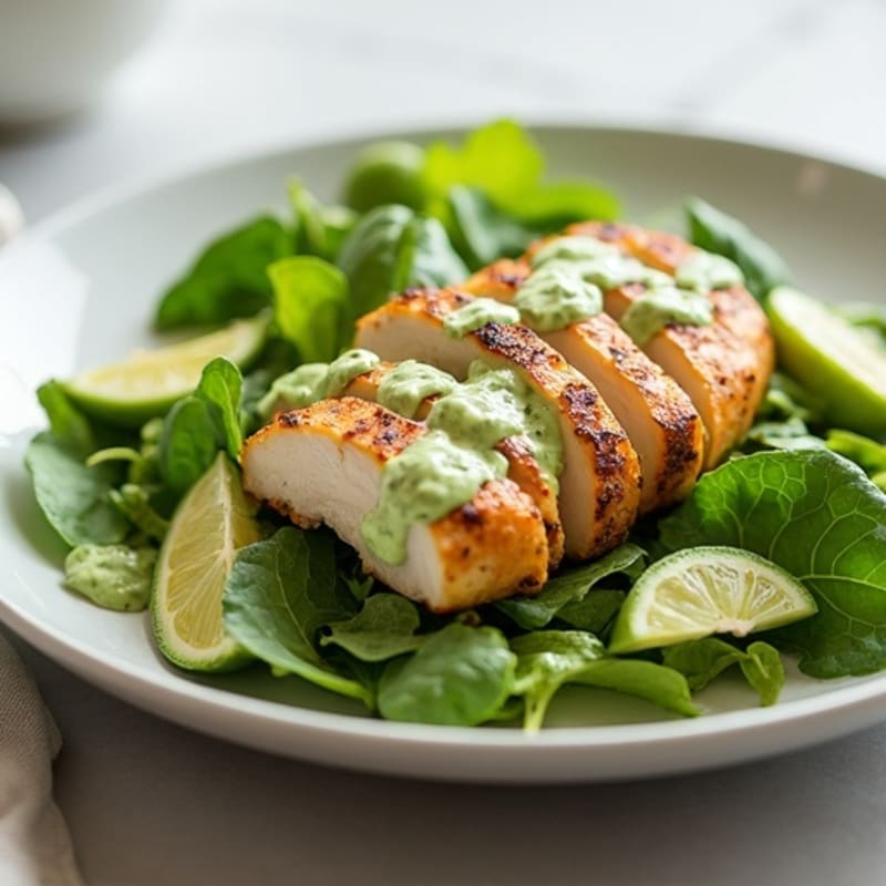 Grilled Chicken and Fresh Greens Salad with Creamy Avocado Dressing
