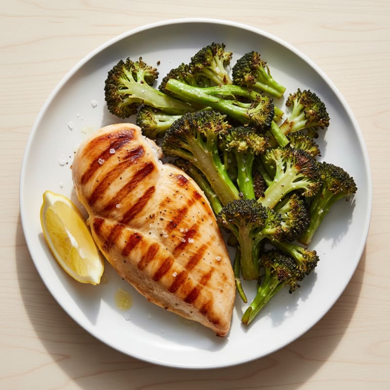 Grilled Chicken Breast with Roasted Broccoli and Lemon