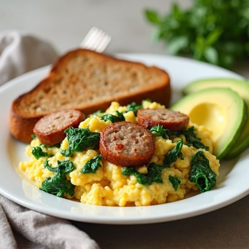 Egg White and Turkey Sausage Scramble with Sautéed Spinach