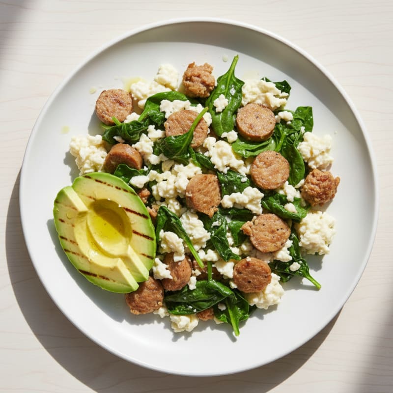 Egg White and Turkey Sausage Scramble with Sautéed Spinach