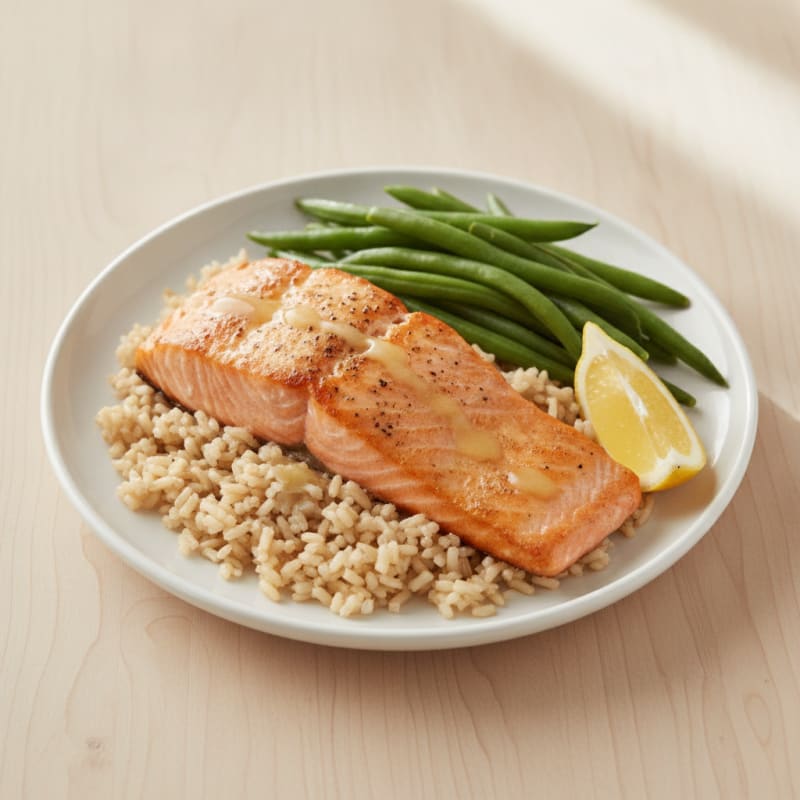 Seared Salmon Fillet with Steamed Green Beans and Brown Rice