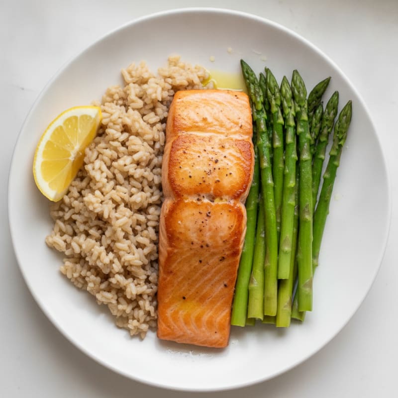 Seared Salmon Fillet with Steamed Asparagus and Brown Rice