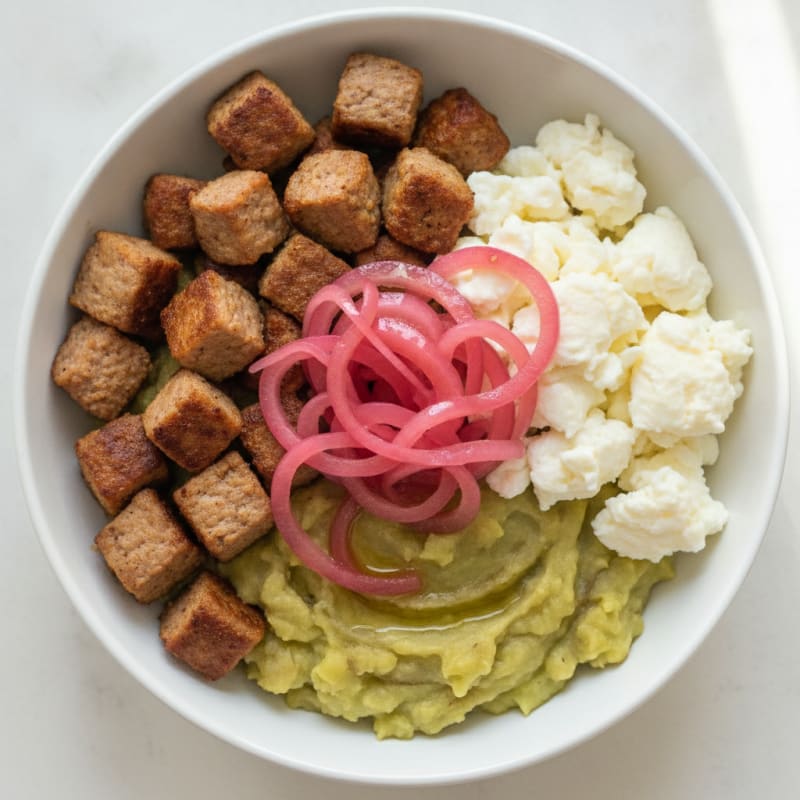 Egg White and Turkey Sausage Mangu Bowl with Sautéed Onions