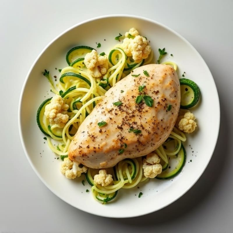 Creamy Cauliflower Alfredo Chicken with Zucchini Noodles