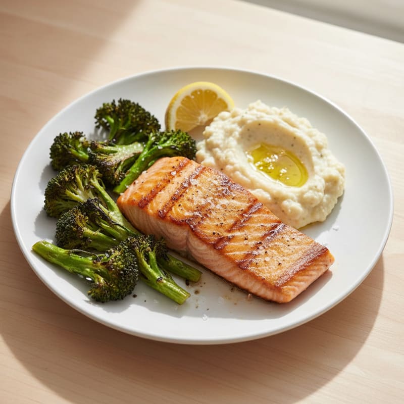 Seared Salmon with Roasted Broccoli and Garlic Mash