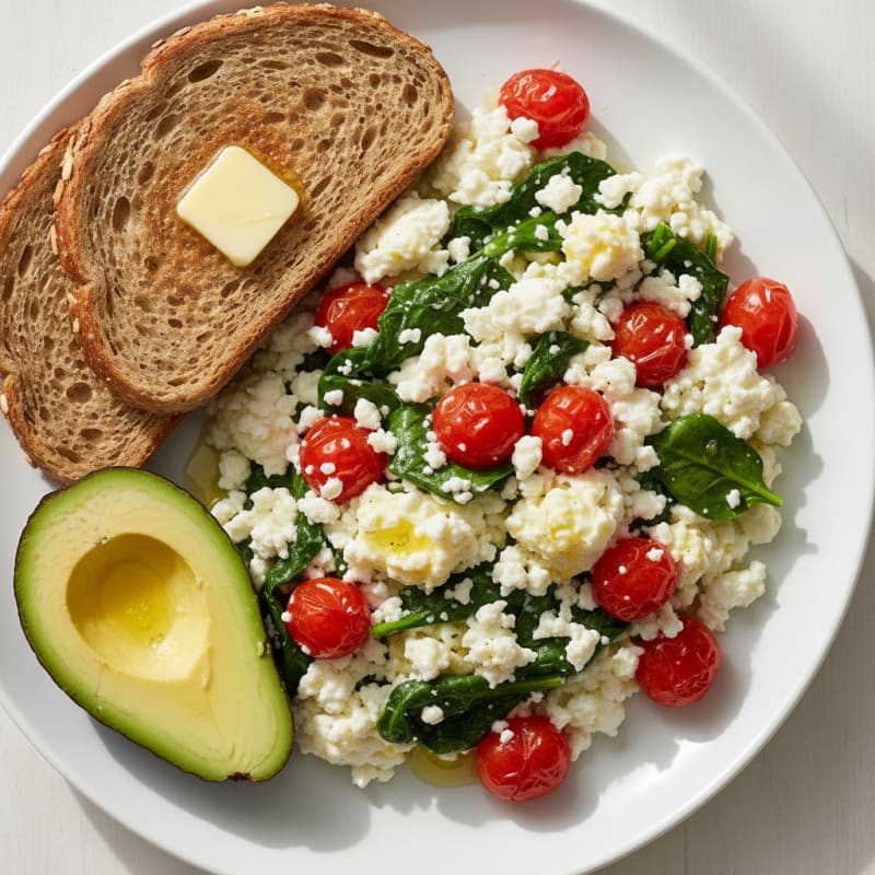 Cottage Cheese and Egg White Scramble with Spinach and Cherry Tomatoes