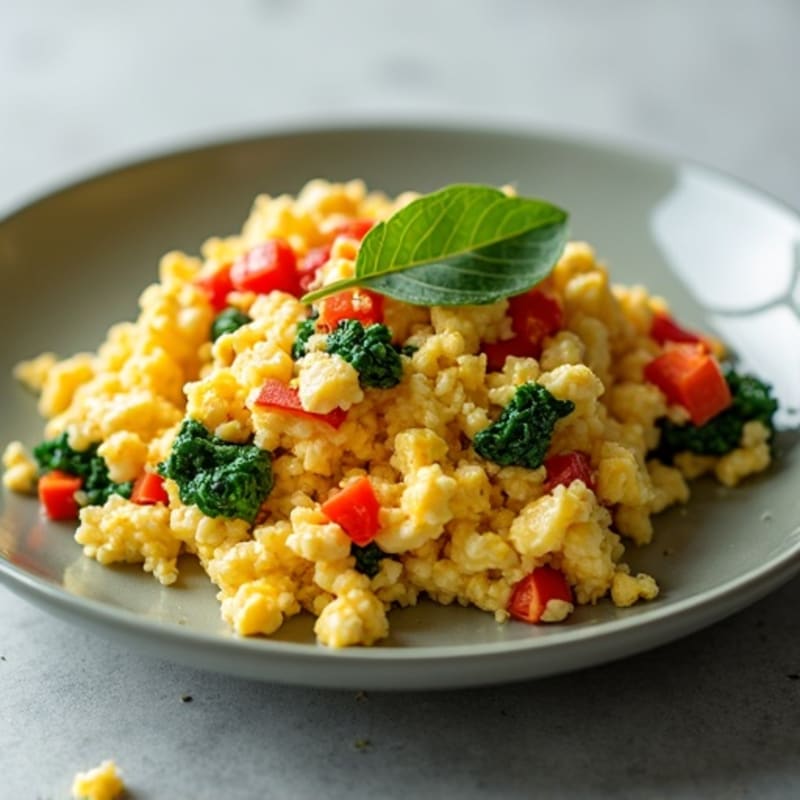 Egg White Vegetable Scramble with Cottage Cheese and Sautéed Spinach
