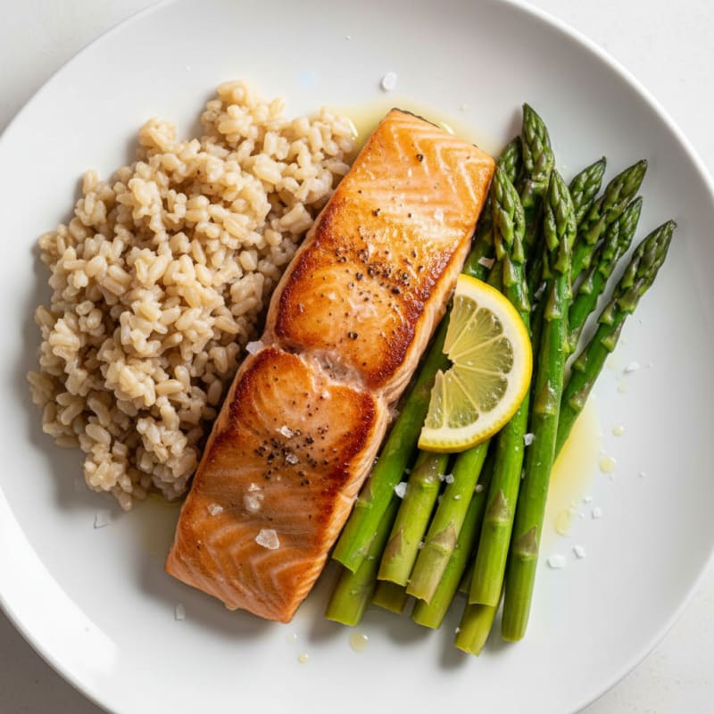 Seared Salmon with Steamed Asparagus and Brown Rice