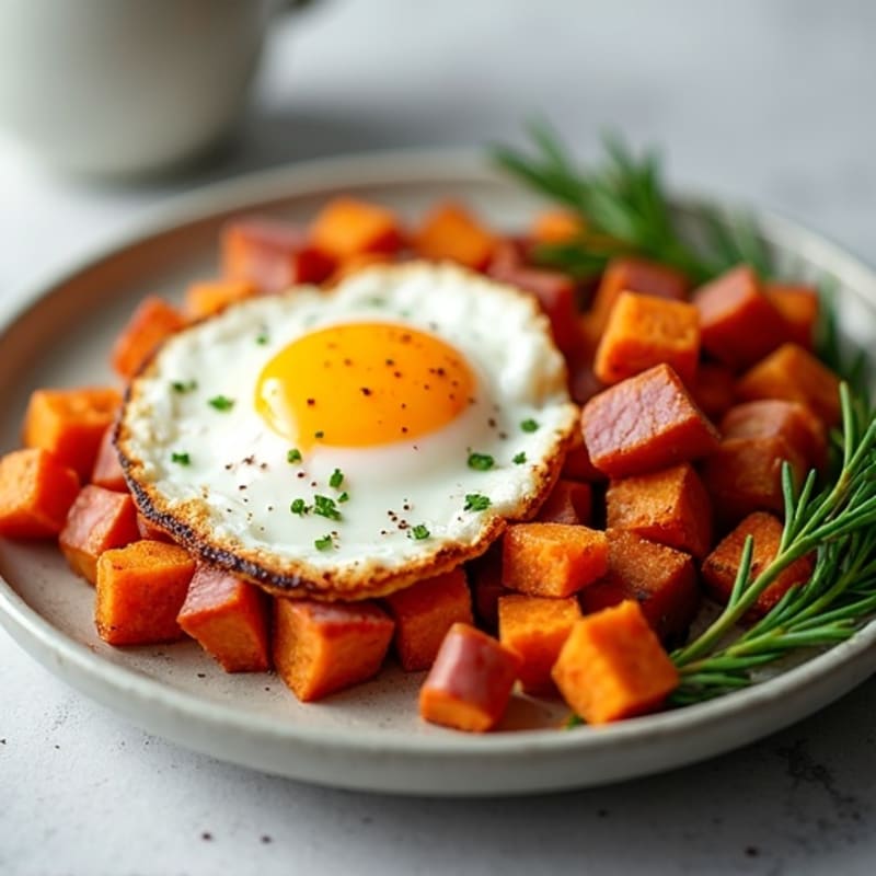Crispy Sweet Potato and Ham Hash with Sunny-Side Up Eggs