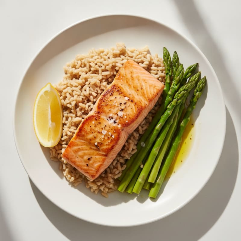 Seared Salmon with Steamed Asparagus and Brown Rice