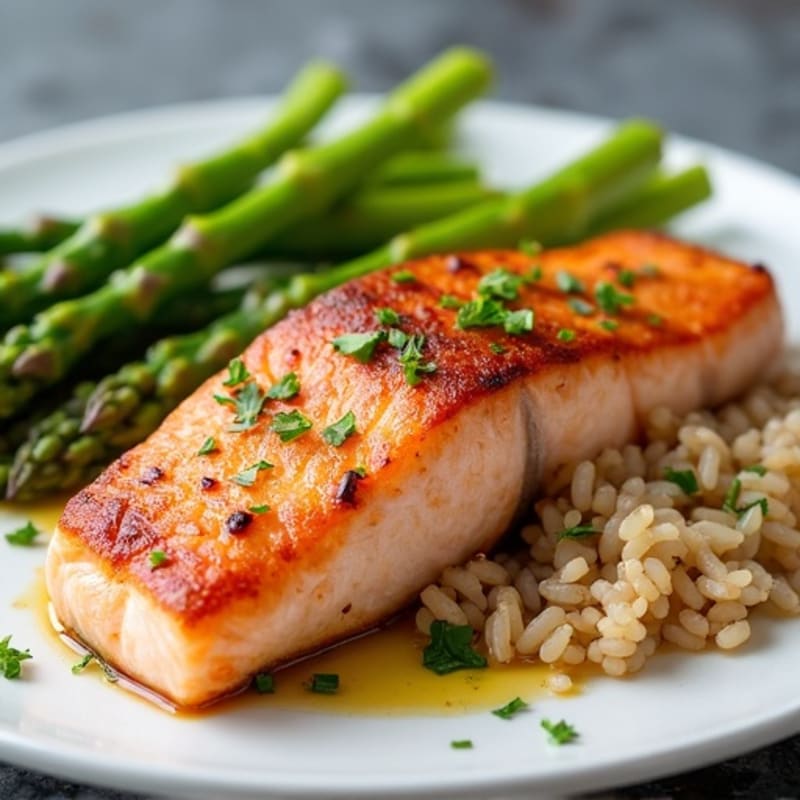 Seared Salmon with Steamed Asparagus and Brown Rice