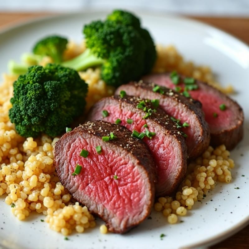 Seared Lean Beef with Roasted Broccoli and Quinoa